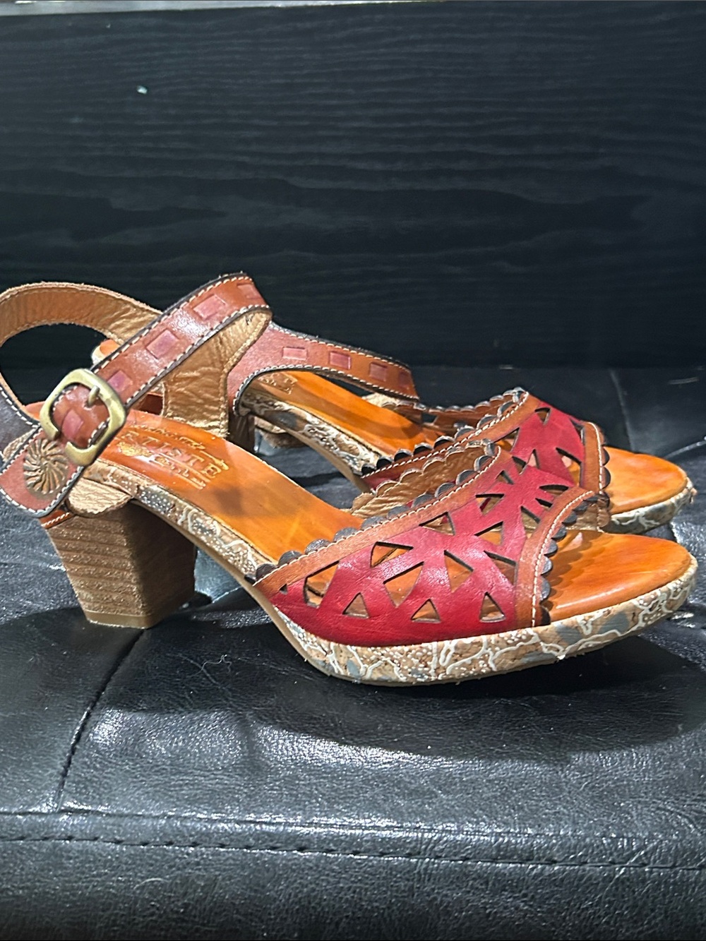 Earthies Red and Tan Leather Cutout Block Heel Sandals